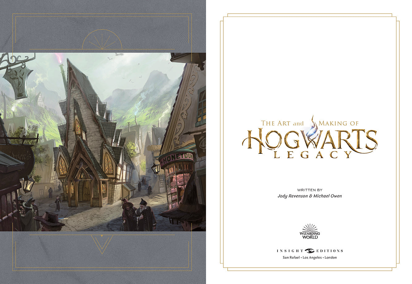 Hardcover book titled "The Art and Making of Hogwarts Legacy" by Insight Editions, featuring cover art and design details.