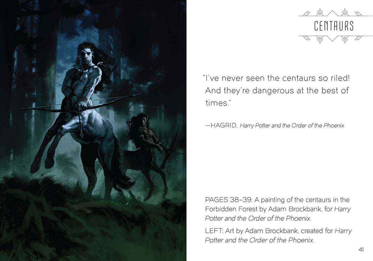 Interior page of Insight Editions' hardcover "The Art of Harry Potter" mini book showcasing detailed illustrations of magical creatures.