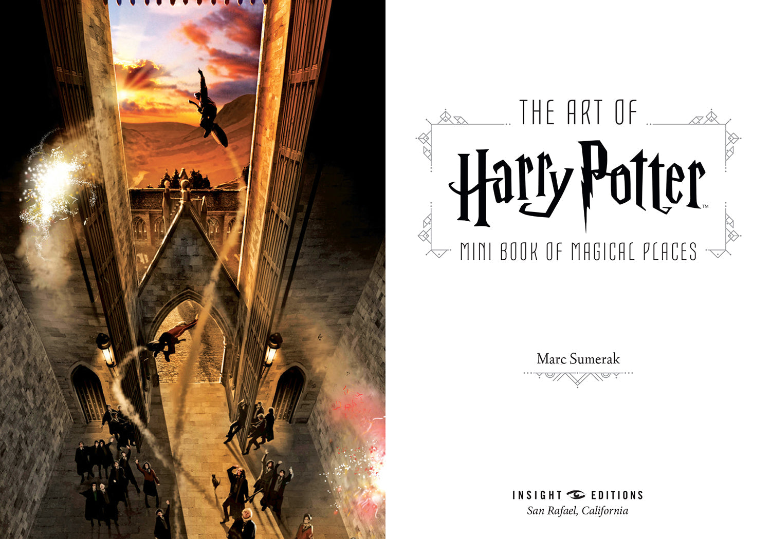 Inside view of the hardcover "The Art of Harry Potter" mini book by Insight Editions, showcasing magical place illustrations.