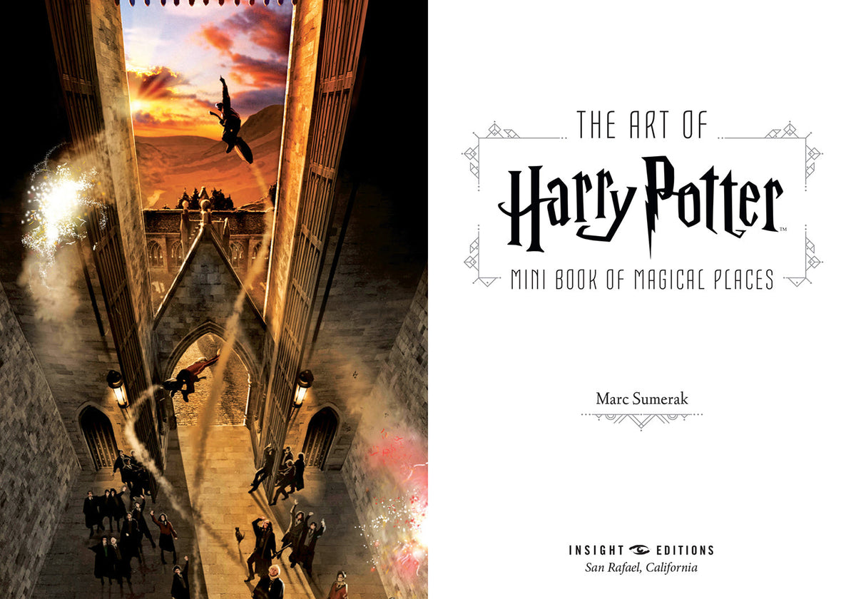 Inside view of the hardcover "The Art of Harry Potter" mini book by Insight Editions, showcasing magical place illustrations.