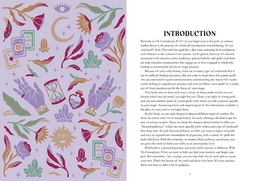 Open hardcover of The Contemporary Witch by Insight Editions showing detailed interior pages with mystical illustrations.