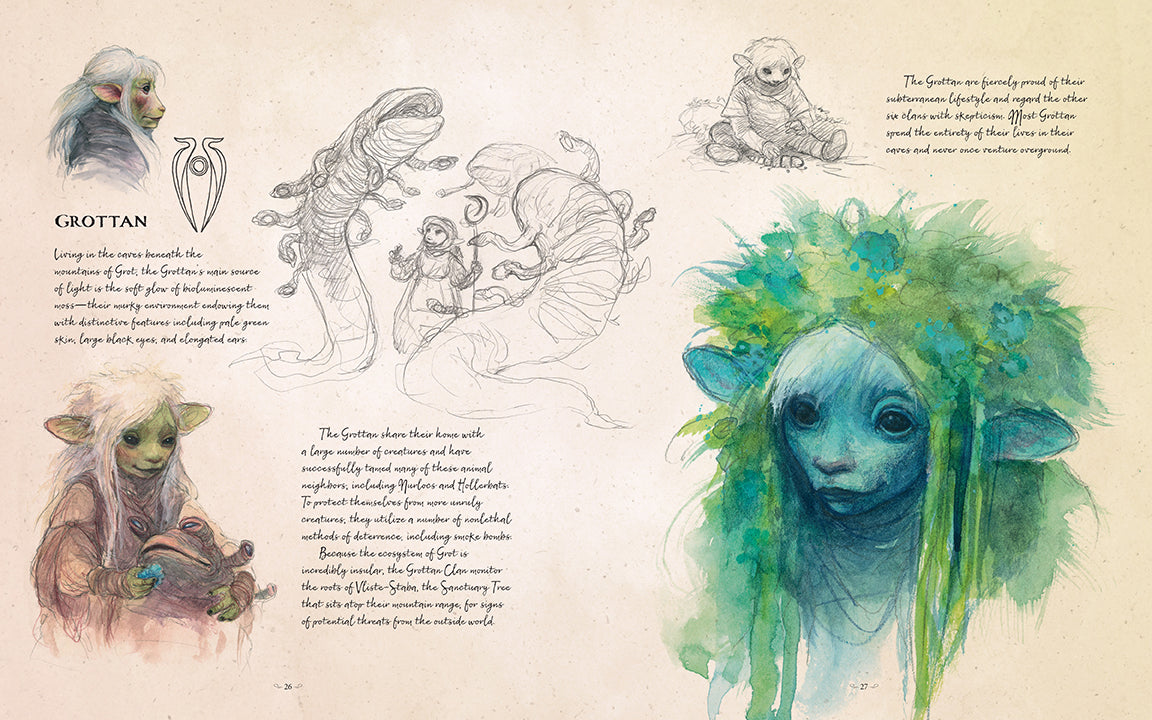 Interior page of The Dark Crystal Bestiary hardcover by Insight Editions, featuring detailed illustrations of fantasy creatures.