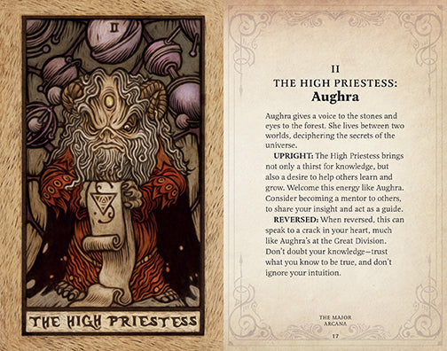Interior view of the hardcover Dark Crystal Tarot Deck and Guidebook by Insight Editions showing tarot cards and guidebook pages.