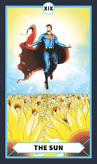 Inside view of the hardcover DC Tarot Deck and Guidebook by Insight Editions, featuring illustrated tarot cards and guide pages.