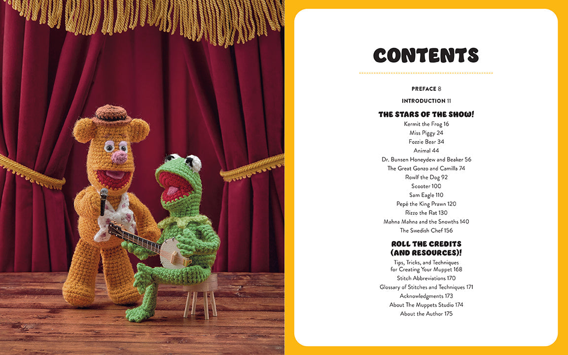 Hardcover book titled "The Muppets Official Crochet Amigurumi" by Insight Editions, featuring colorful Muppet crochet characters on the cover.