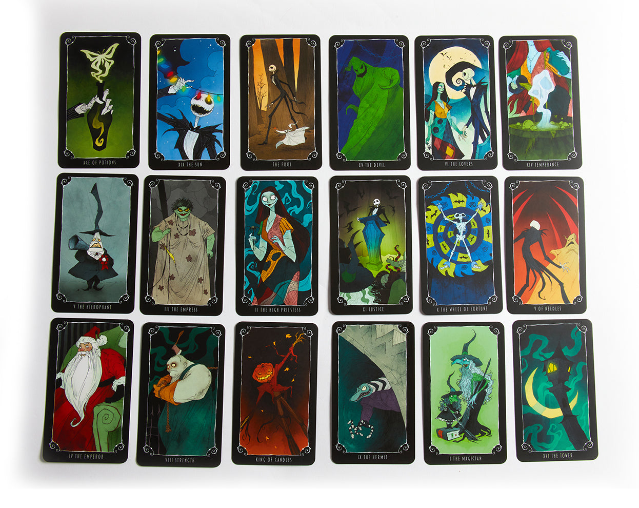 Hardcover Nightmare Before Christmas Tarot Deck and Guidebook by Insight Editions, featuring spooky artwork and detailed tarot cards.