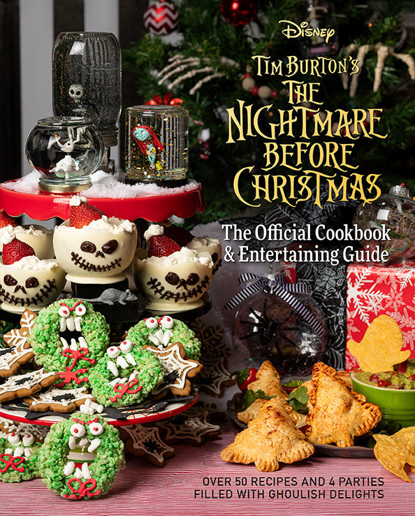 Hardcover of The Nightmare Before Christmas: The Official Cookbook & Entertaining Guide by Insight Editions, featuring festive themed pages.