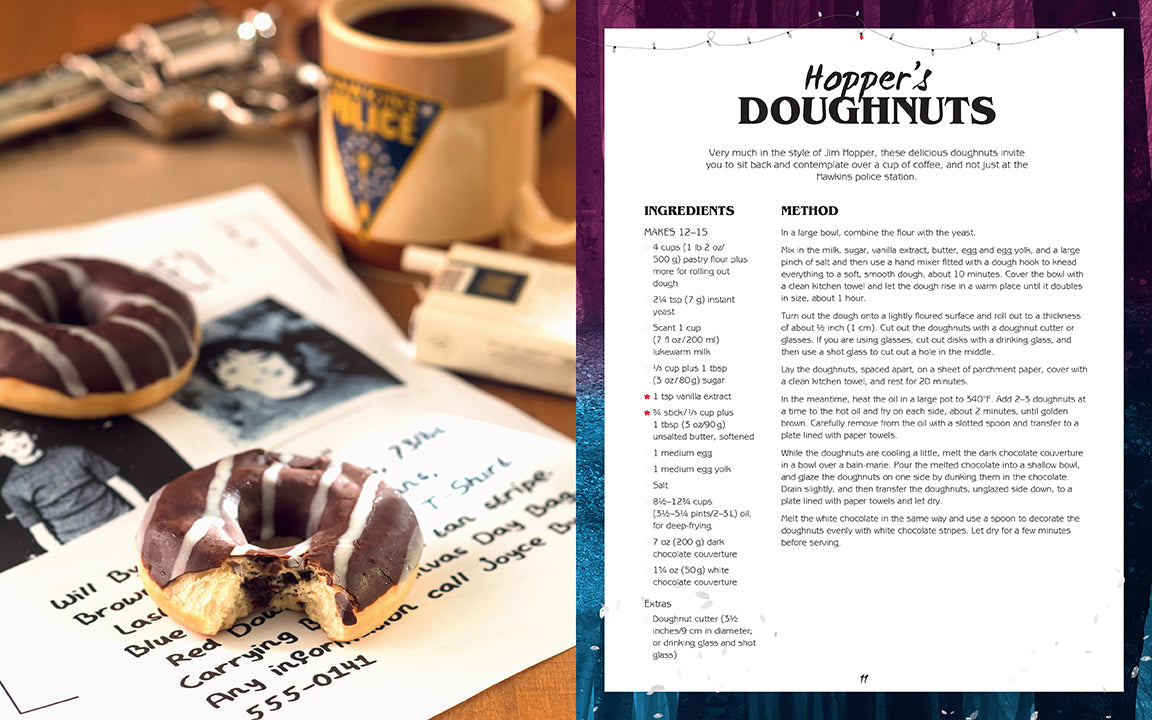 Interior page of The Unofficial Stranger Things Cookbook hardcover by Insight Editions, featuring illustrated recipes and themed designs.