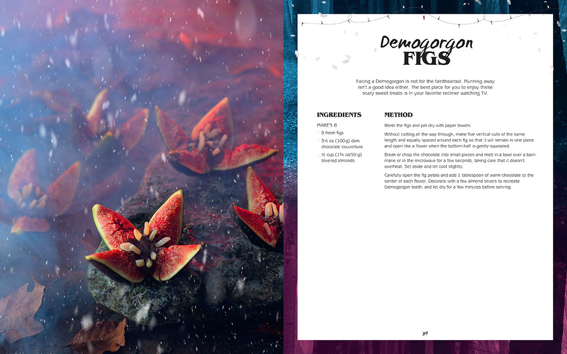 Interior of The Unofficial Stranger Things Cookbook hardcover by Insight Editions showing illustrated recipe pages.