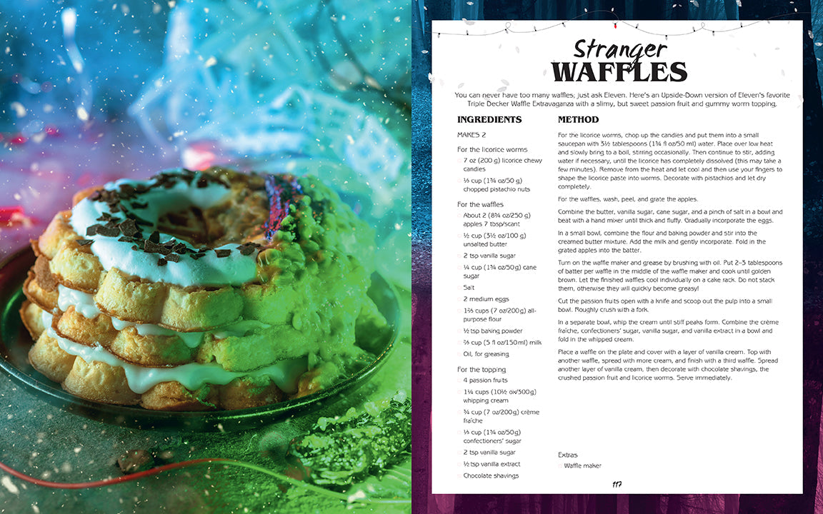 Inside view of The Unofficial Stranger Things Cookbook hardcover by Insight Editions, showing colorful pages and recipe illustrations.