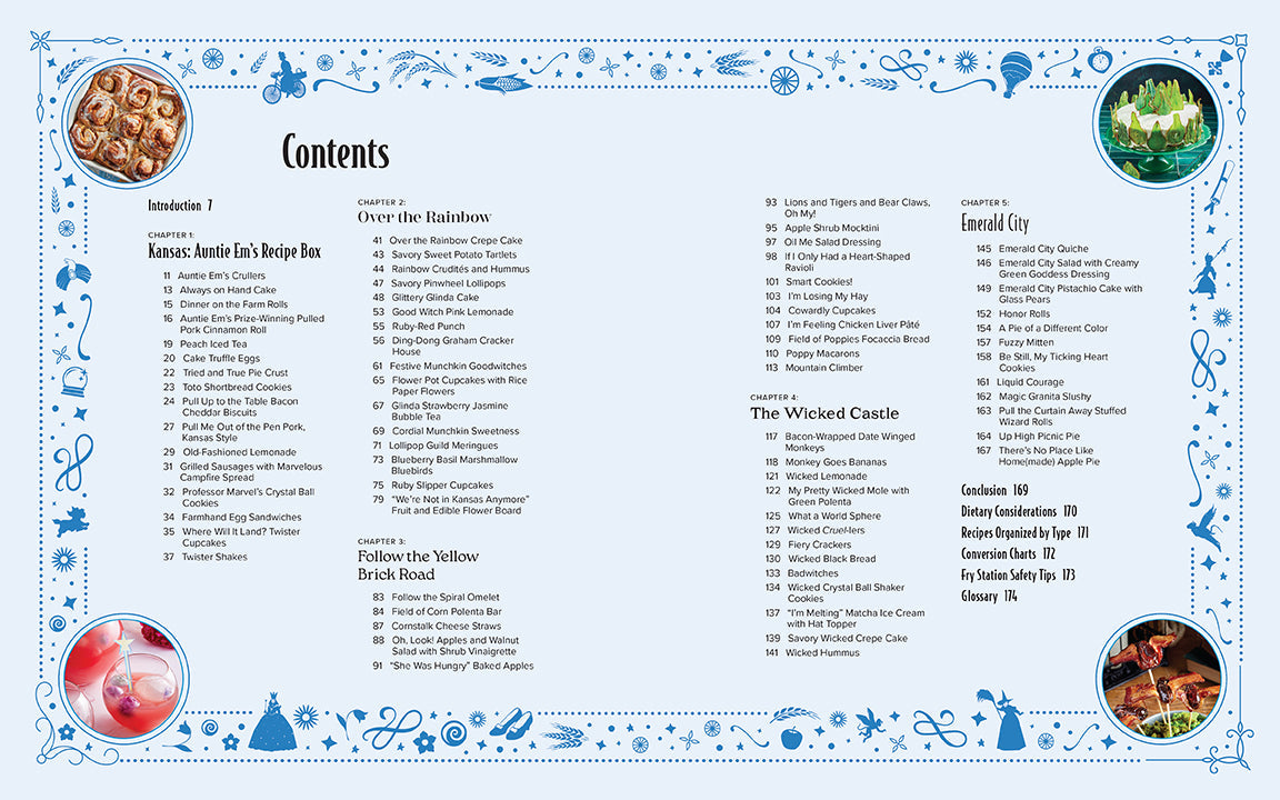 Inside the hardcover of The Wizard of Oz: The Official Cookbook by Insight Editions, featuring colorful illustrated pages.