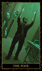 Inside view of the hardcover Universal Monsters Tarot Deck and Guidebook by Insight Editions, showing illustrated tarot cards and guide pages.