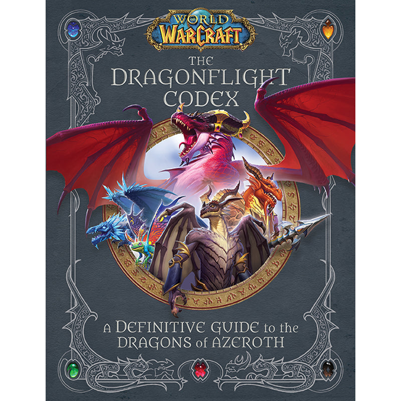 Hardcover copy of World of Warcraft: The Dragonflight Codex by Insight Editions, featuring detailed artwork and text inside.