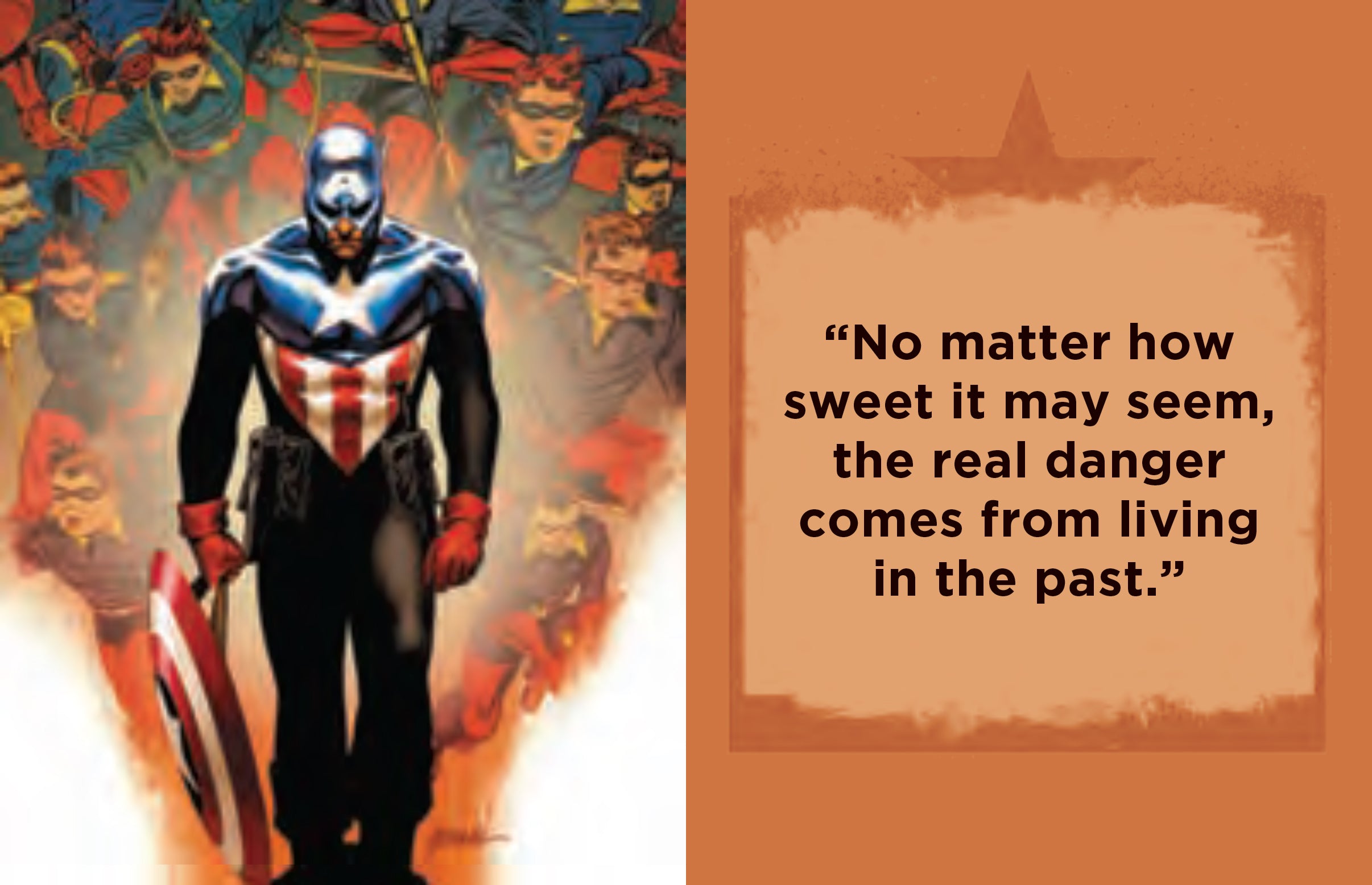 Hardcover book with jacket featuring Marvel Comics Captain America inspirational quotes, highlighting the First Avenger.