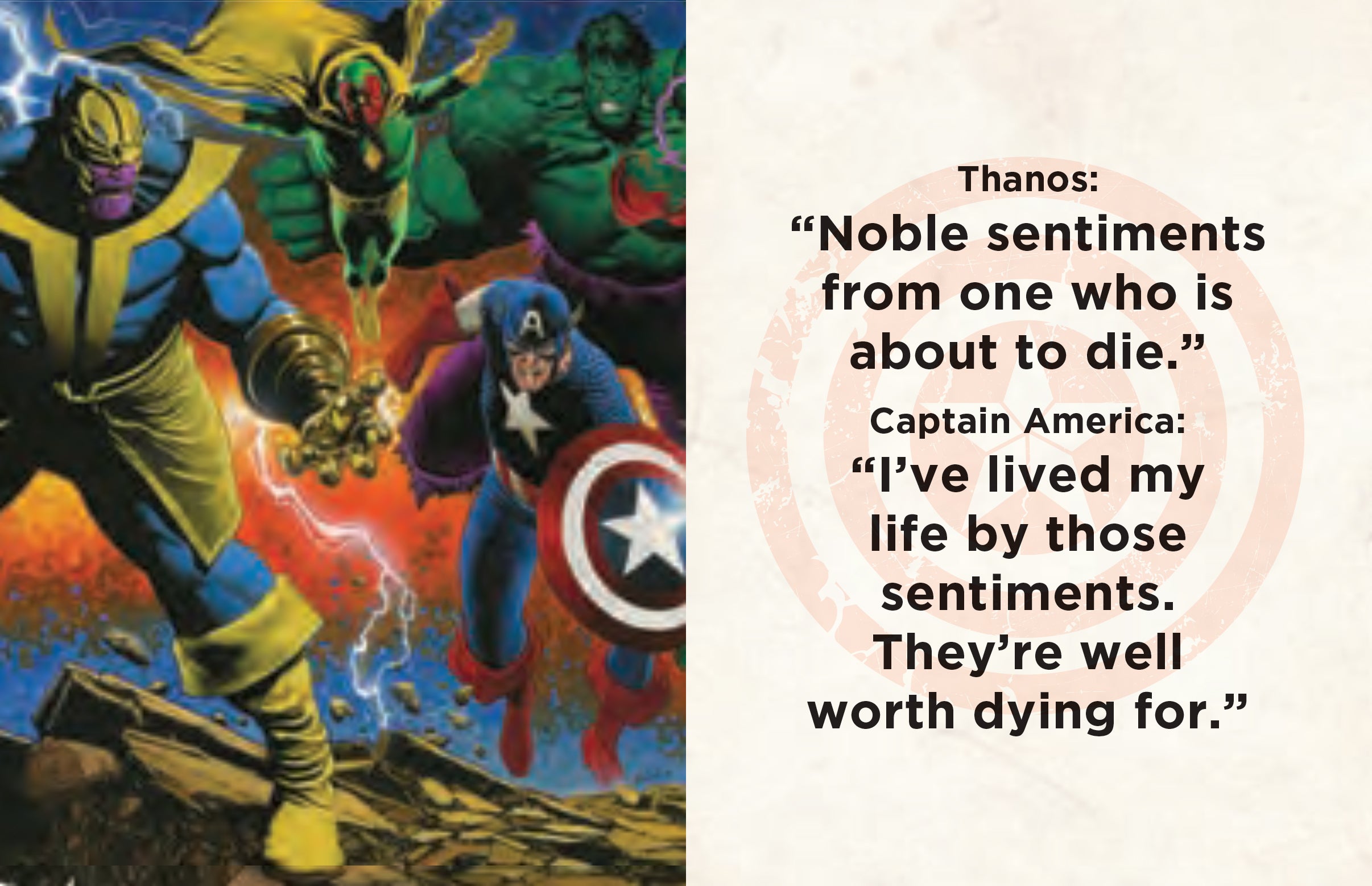 Hardcover book with jacket featuring Marvel Comics Captain America, showcasing inspirational quotes from the First Avenger by Insight Editions.