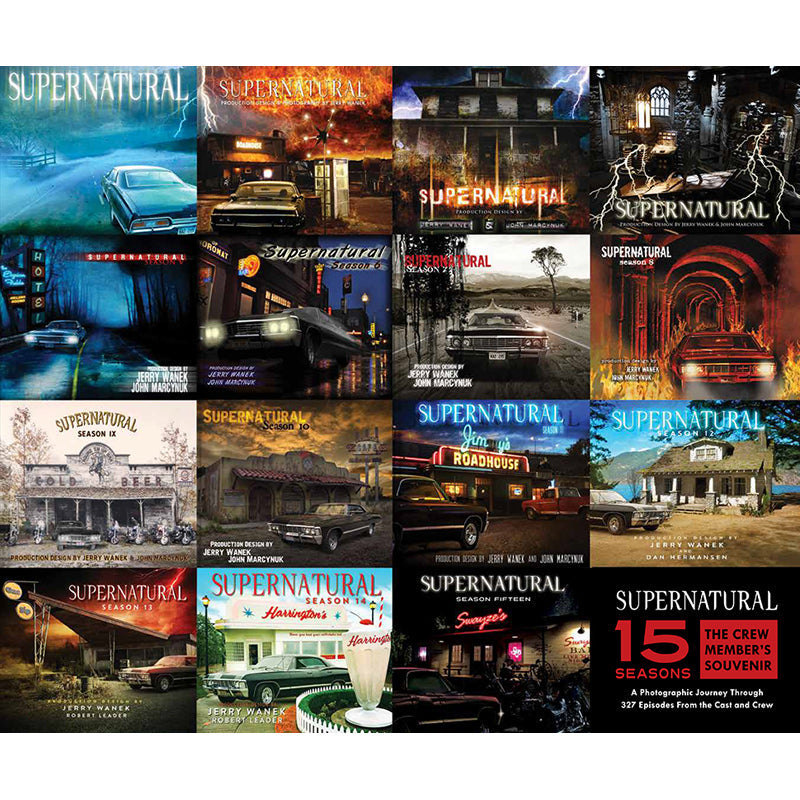Hardcover book with jacket featuring "Supernatural 15 Seasons: The Crew Member's Souvenir" by Insight Editions, front cover image.