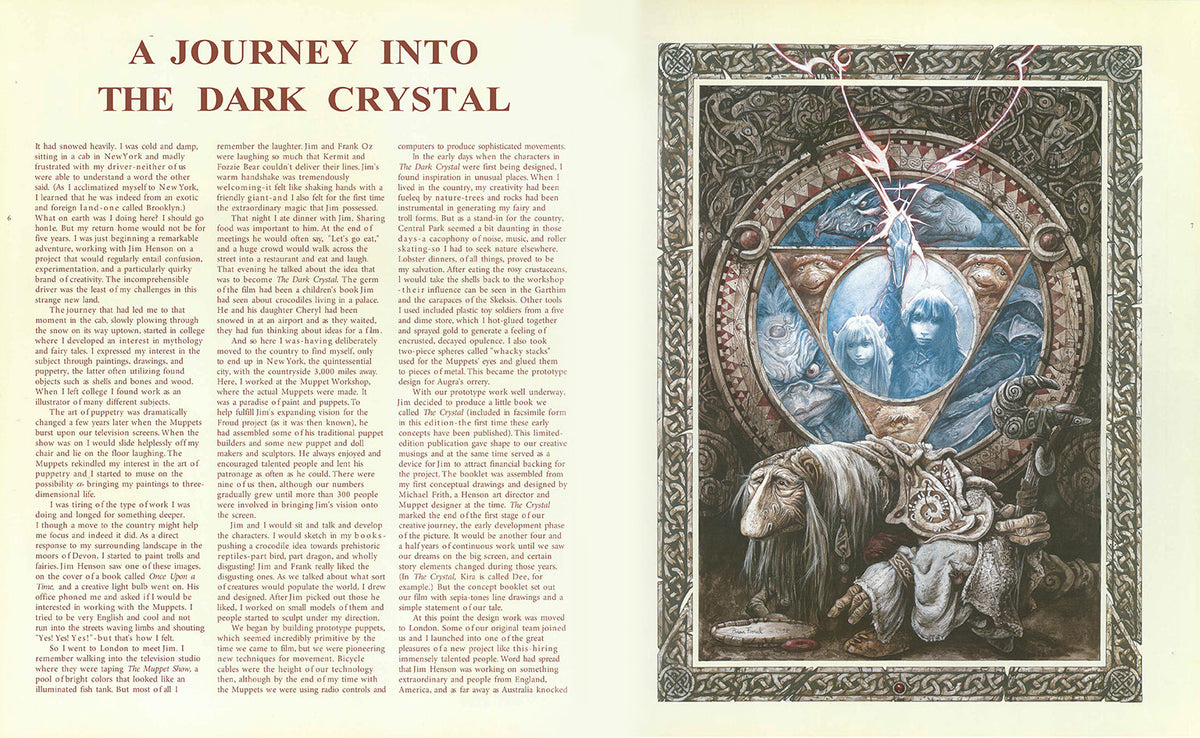 Inside view of "The World of the Dark Crystal" hardcover book with jacket by Insight Editions, showing detailed illustrations and text.