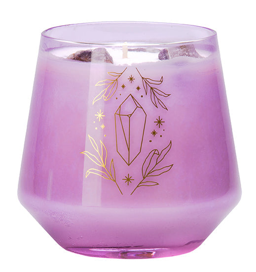 Amethyst crystal healing scented glass candle with purple hue in a clear glass container, designed for home relaxation and ambiance.