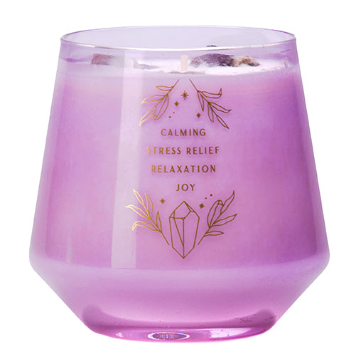 Amethyst crystal healing scented glass candle for home decor, with purple amethyst stone inside the transparent candle holder.
