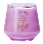 Amethyst crystal healing scented glass candle for home decor, with purple amethyst stone inside the transparent candle holder.