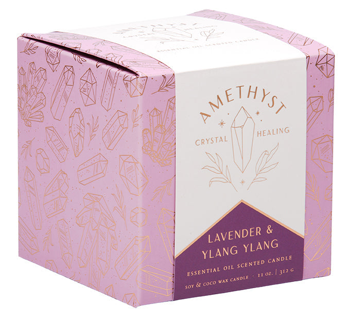 Amethyst crystal healing scented glass candle in a clear jar, designed for home decor and relaxation.