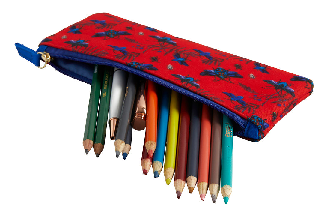 Art of Nature Flight of Beetles pencil pouch featuring detailed beetle illustrations on a vibrant fabric background.