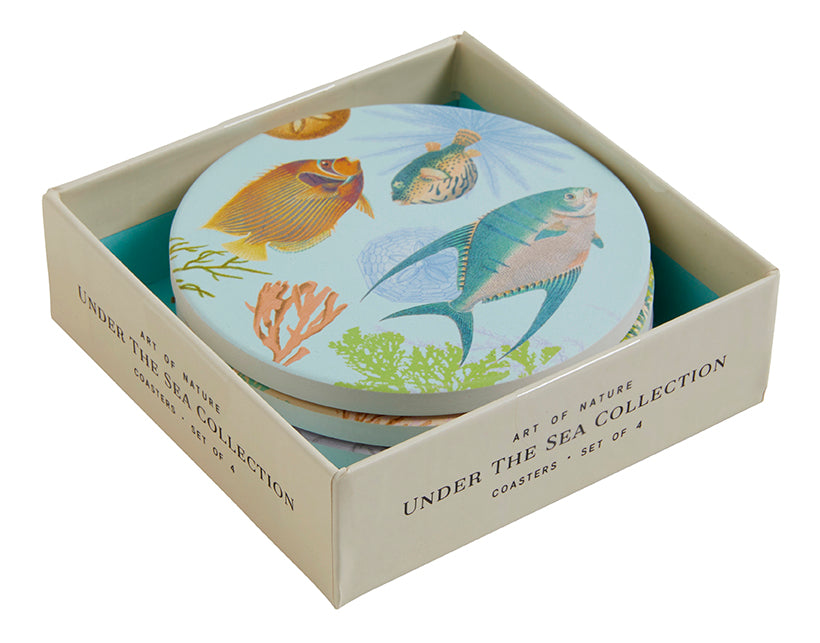 Set of four Art of Nature Under the Sea coasters by Insight Editions, featuring ocean-inspired designs for home decor.