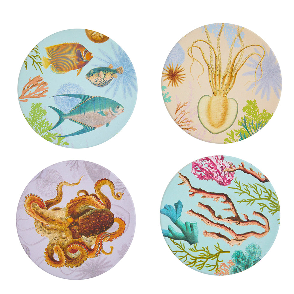 Set of four Art of Nature Under the Sea coaster set by Insight Editions, featuring ocean-themed artwork for home decor.
