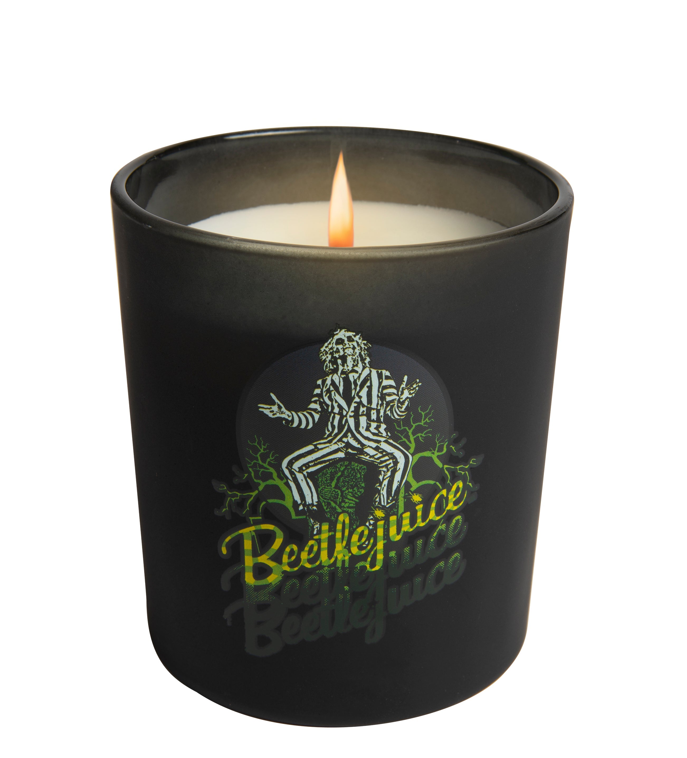 Beetlejuice glass candle by Insight Editions, featuring a decorative candle holder with Beetlejuice-themed design, perfect for home decor.