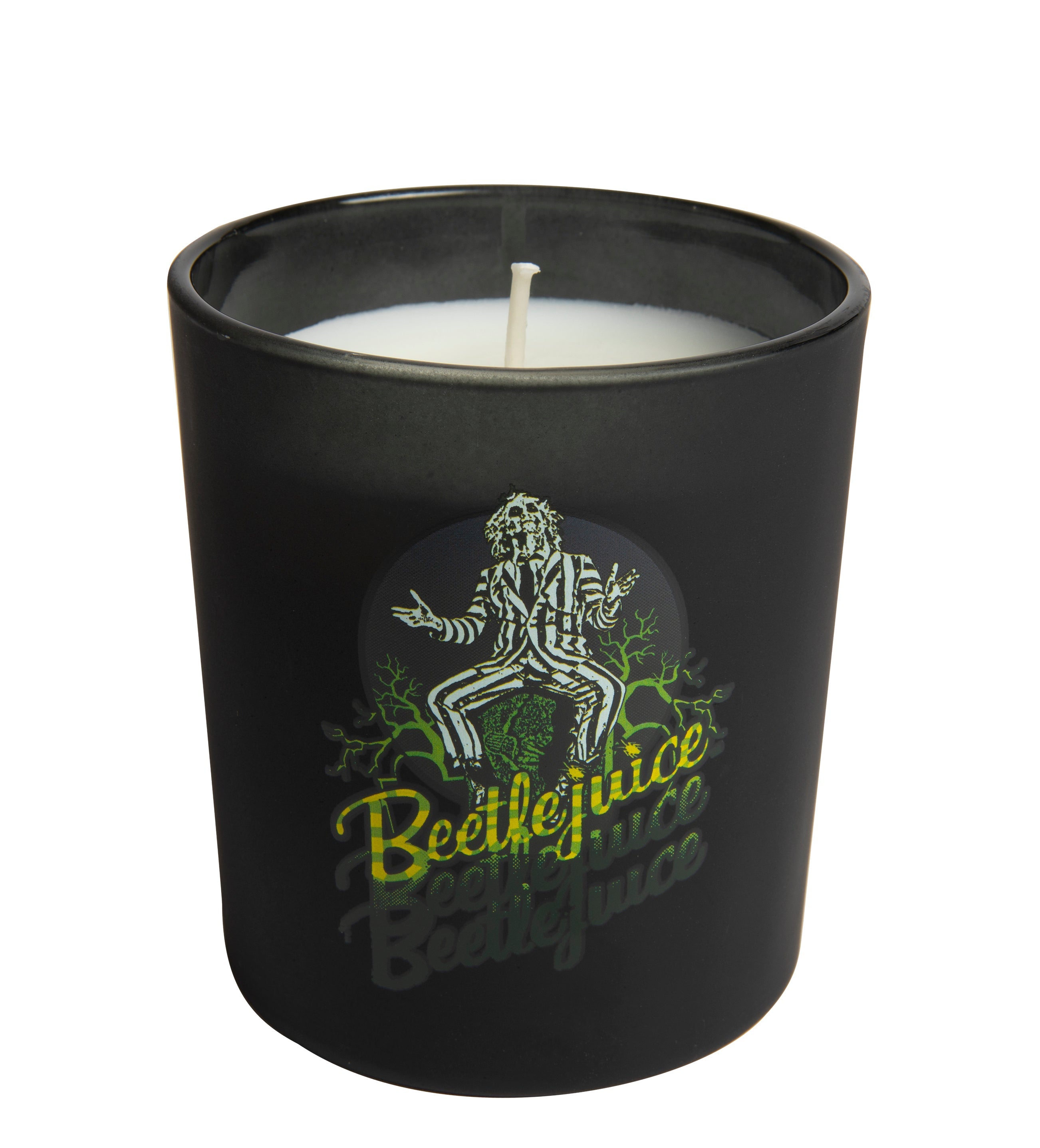 Beetlejuice glass candle from Insight Editions, featuring a spooky design, perfect for home decor and Halloween-themed ambiance.