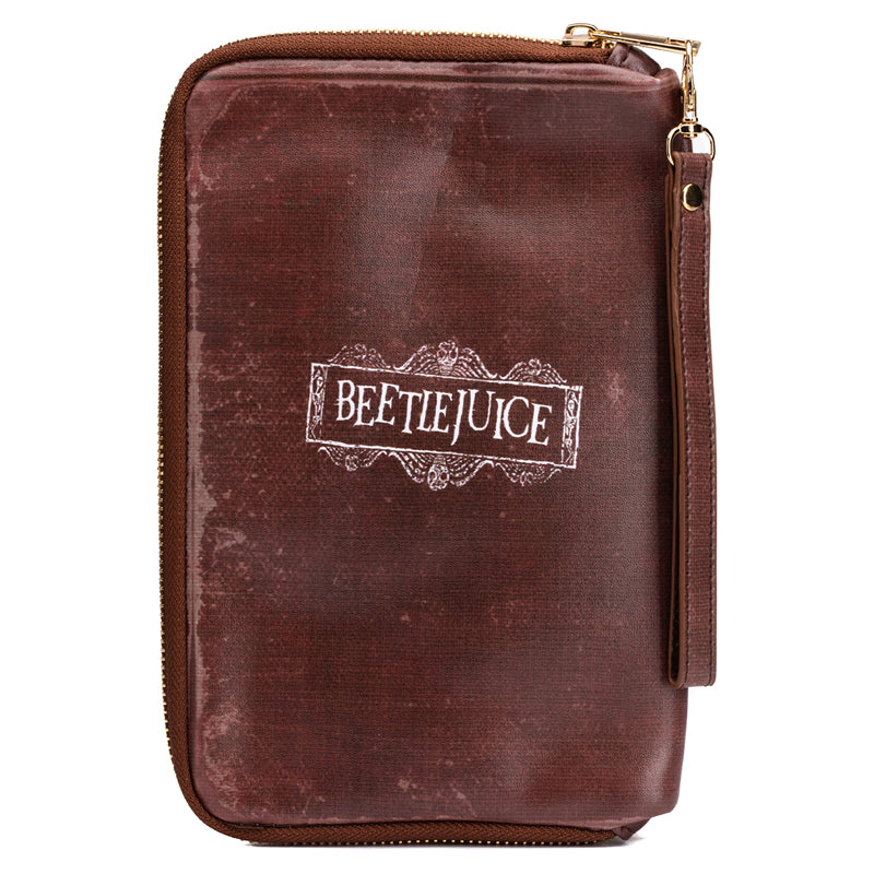 Beetlejuice: Handbook for the Recently Deceased accessory pouch by Insight Editions, featuring spooky book design on black fabric.
