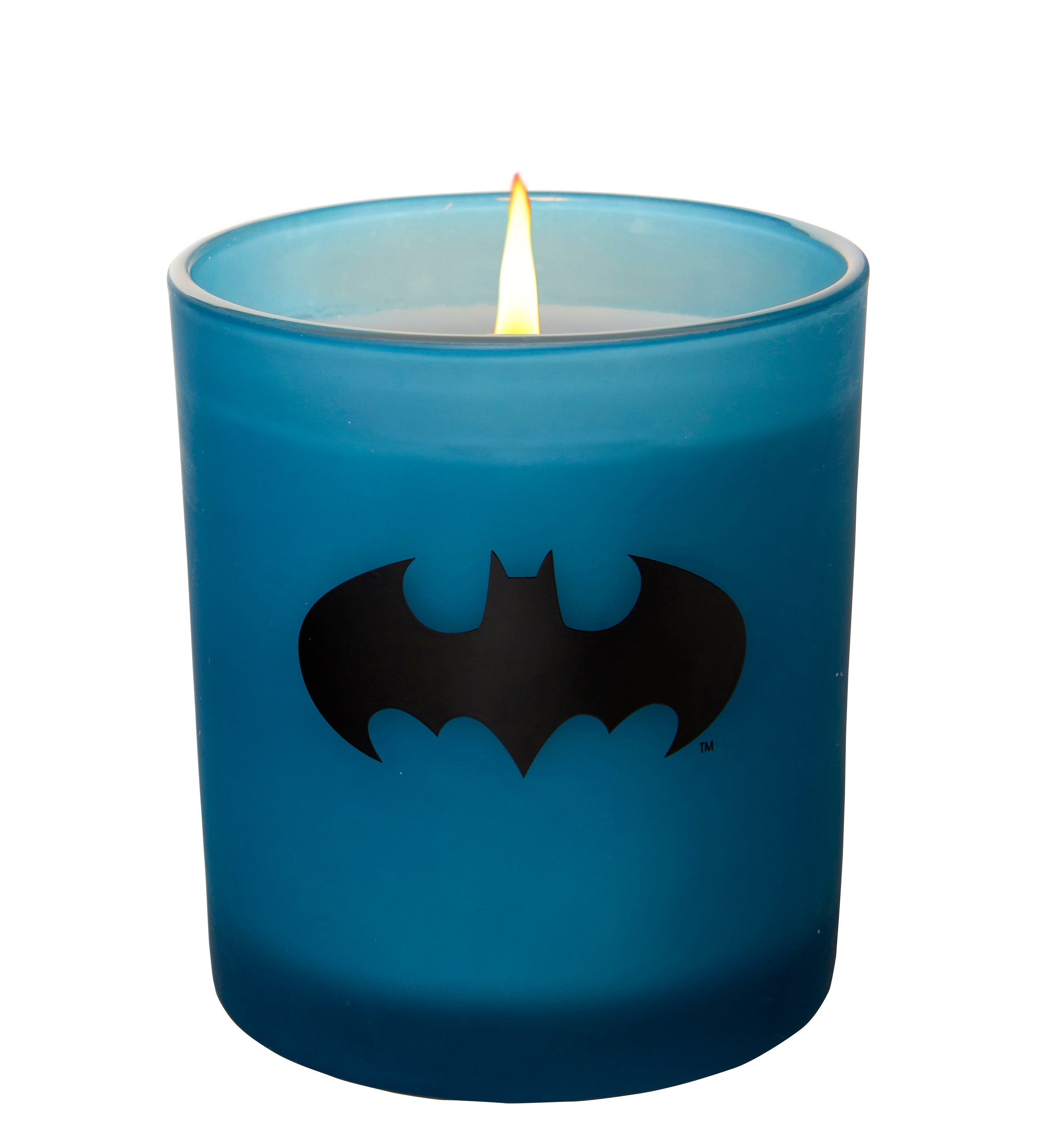 Batman glass candle by Insight Editions featuring a Batman design, perfect for home decor and collectible DC Comics merchandise.