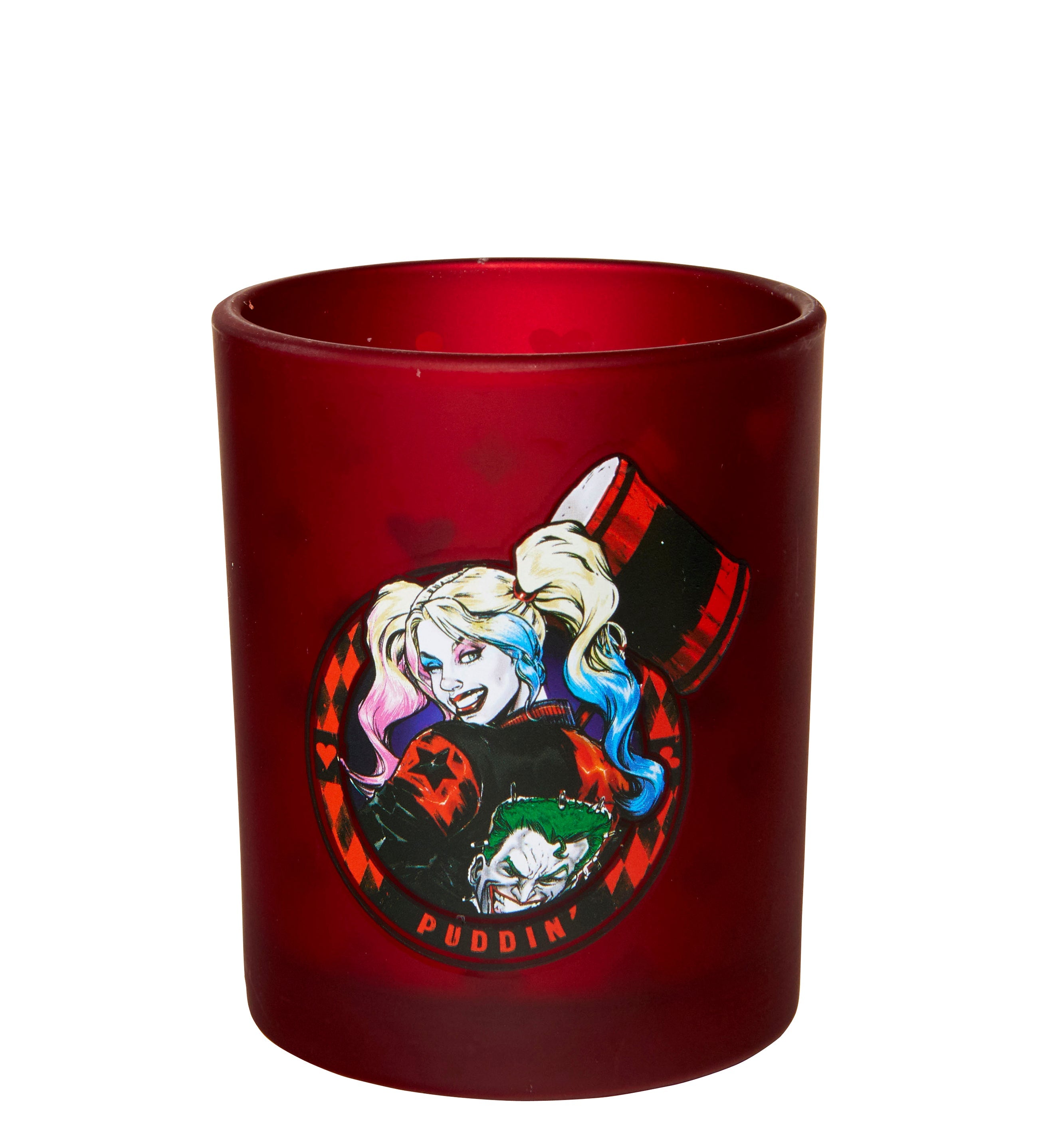 Harley Quinn glass votive candle featuring DC Comics artwork, perfect for home decor and comic book fans.