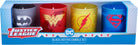 DC Comics Justice League glass votive candle set featuring superhero logos in clear glass holders, ideal for home décor.