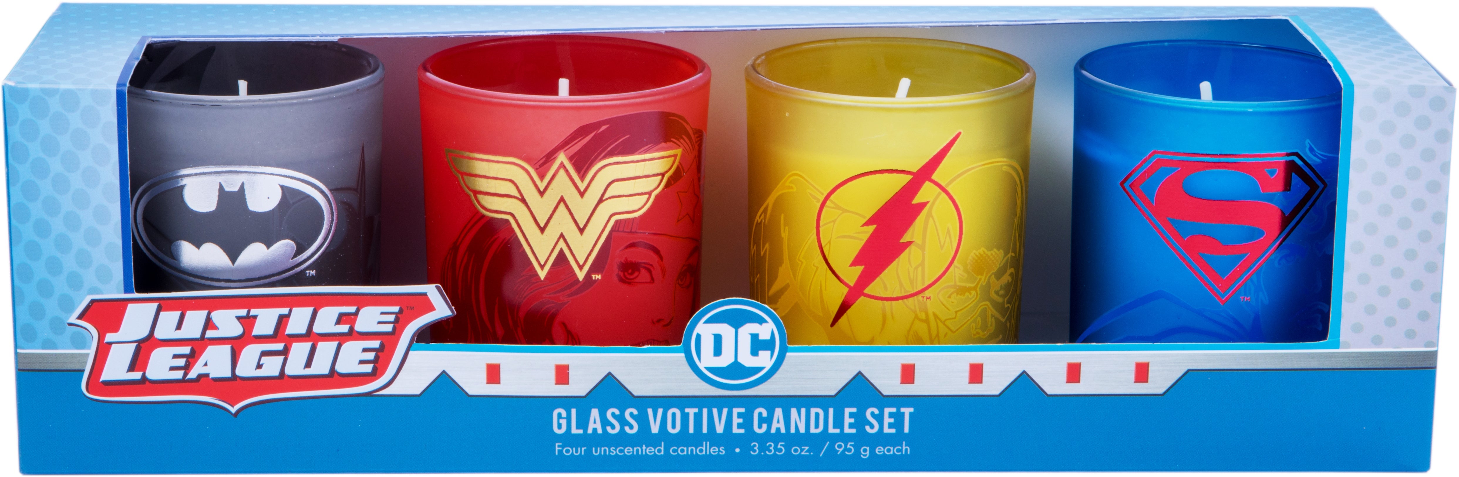DC Comics Justice League glass votive candle set featuring superhero logos in clear glass holders, ideal for home décor.