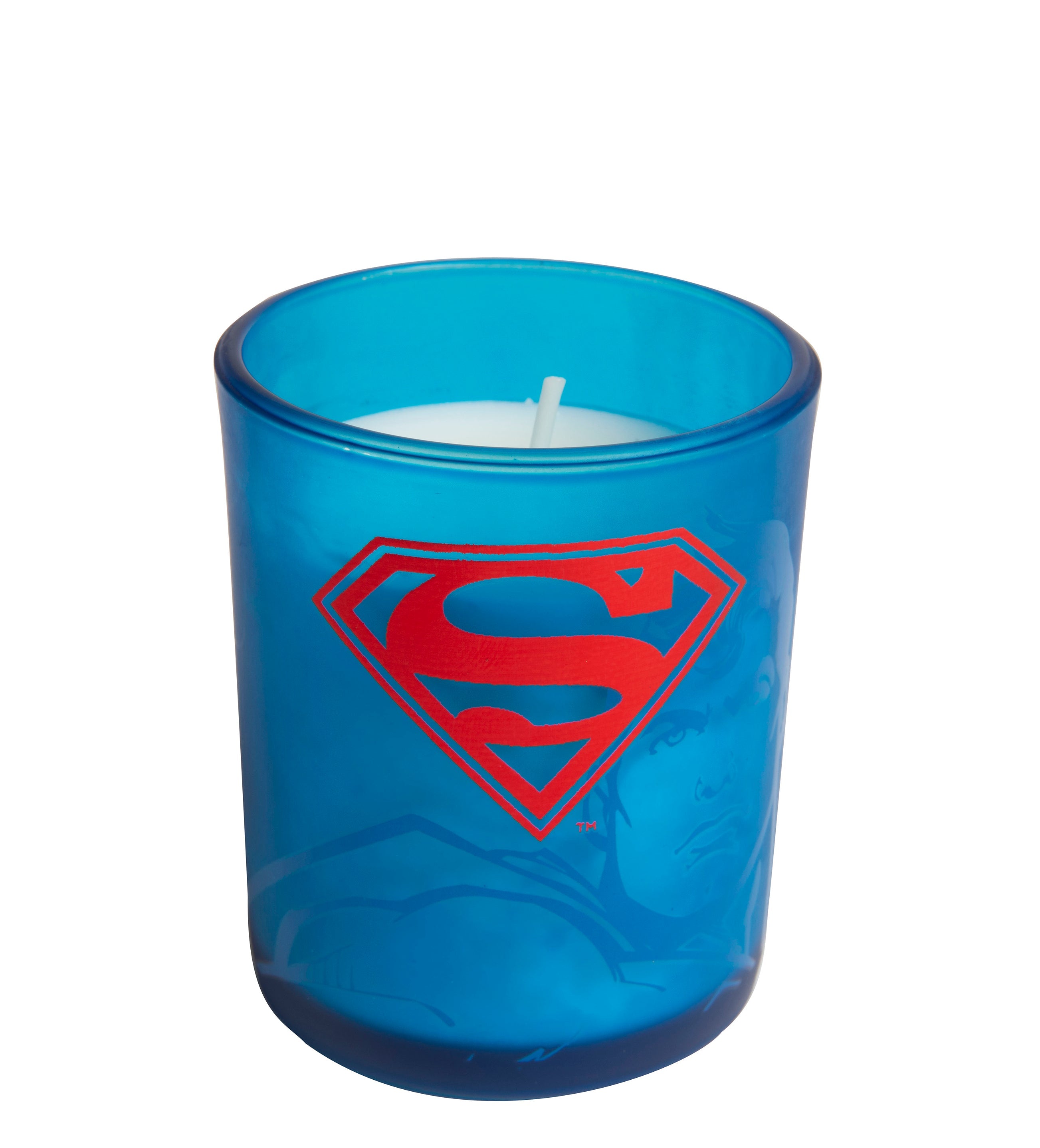 Superman glass votive candle from DC Comics, featuring a Superman design, ideal for home decor and collectibles.