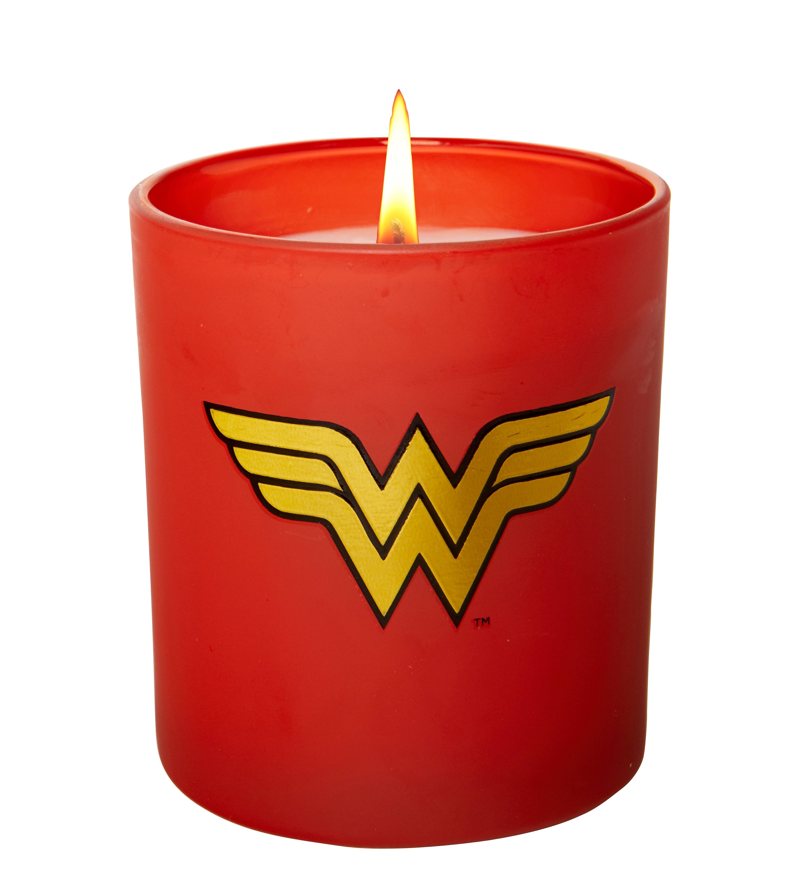 Wonder Woman glass candle featuring DC Comics design, placed on a home decor surface, showcasing vibrant colors and detailed artwork.