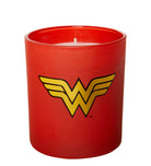 Wonder Woman glass candle by Insight Editions featuring Wonder Woman logo and design, ideal for home decor or gift.