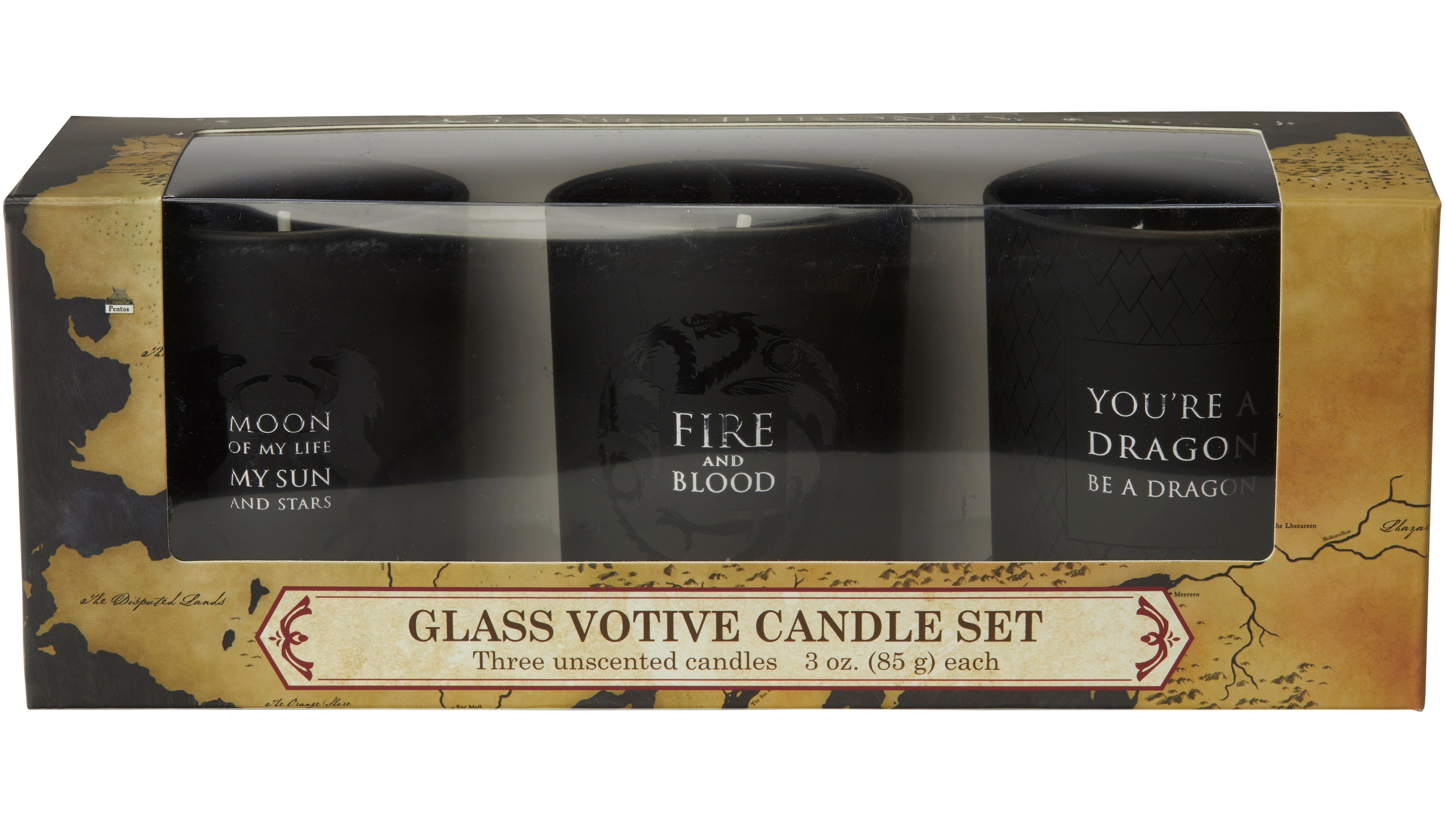 Glass votive candle set inspired by Game of Thrones, featuring detailed designs, perfect for home decor and themed ambiance.