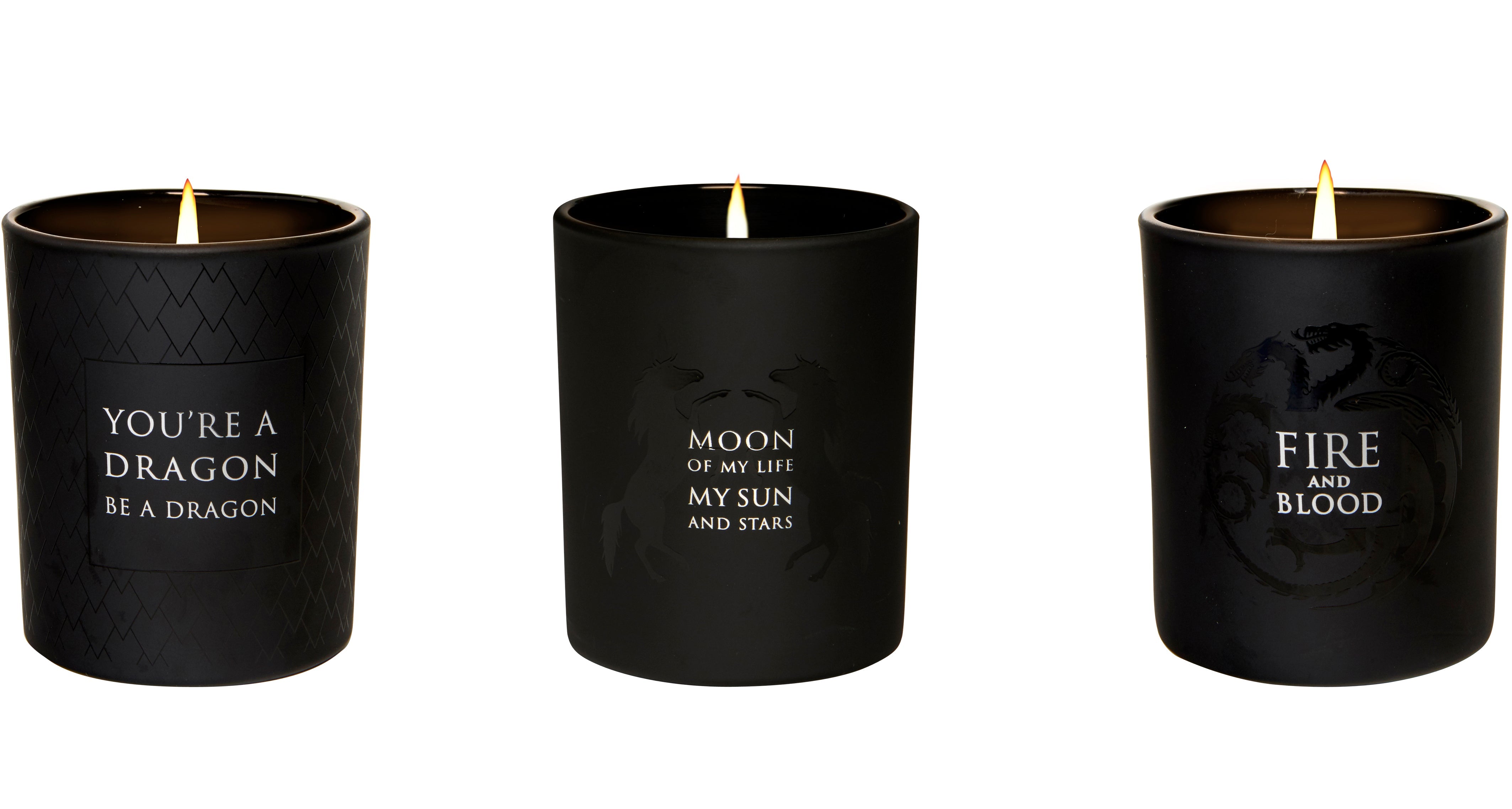 Set of glass votive candles from the Game of Thrones collection by Insight Editions, perfect for home decor or ambiance.