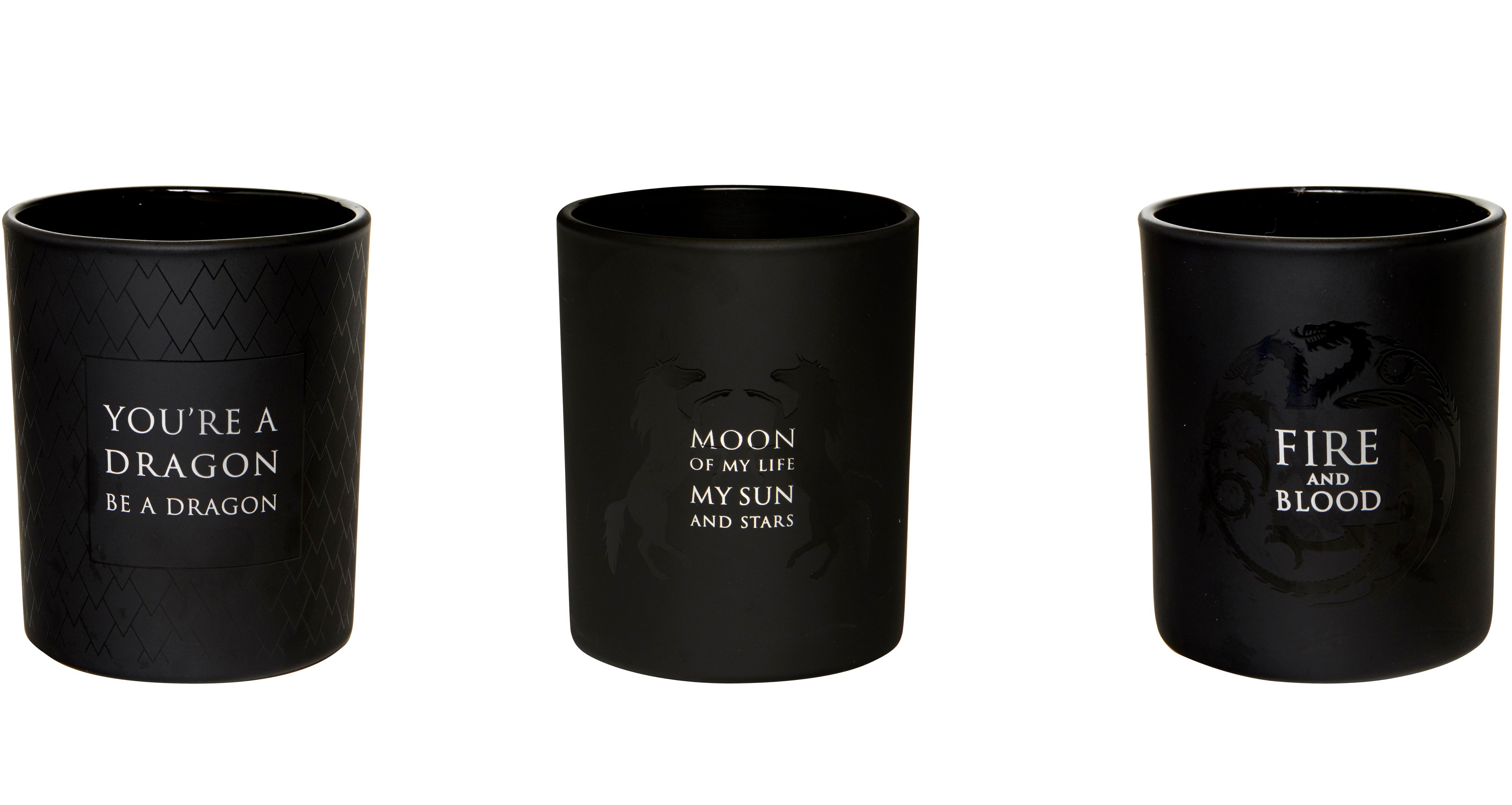 Set of glass votive candles inspired by Game of Thrones, featuring intricate designs from Insight Editions.