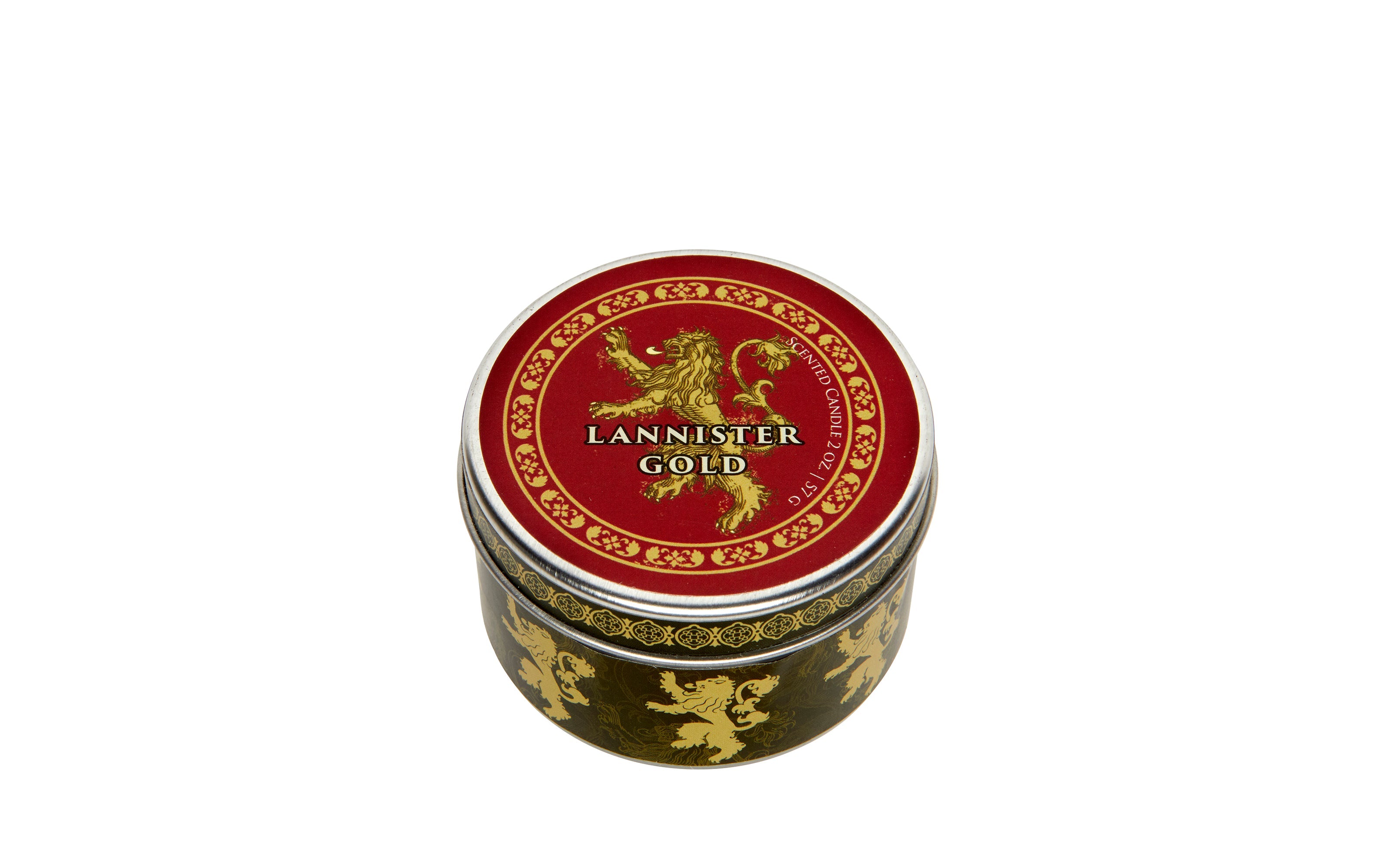 Lannister scented candle from Game of Thrones, 2 oz. cinnamon-scented home décor by Insight Editions, with house sigil design.