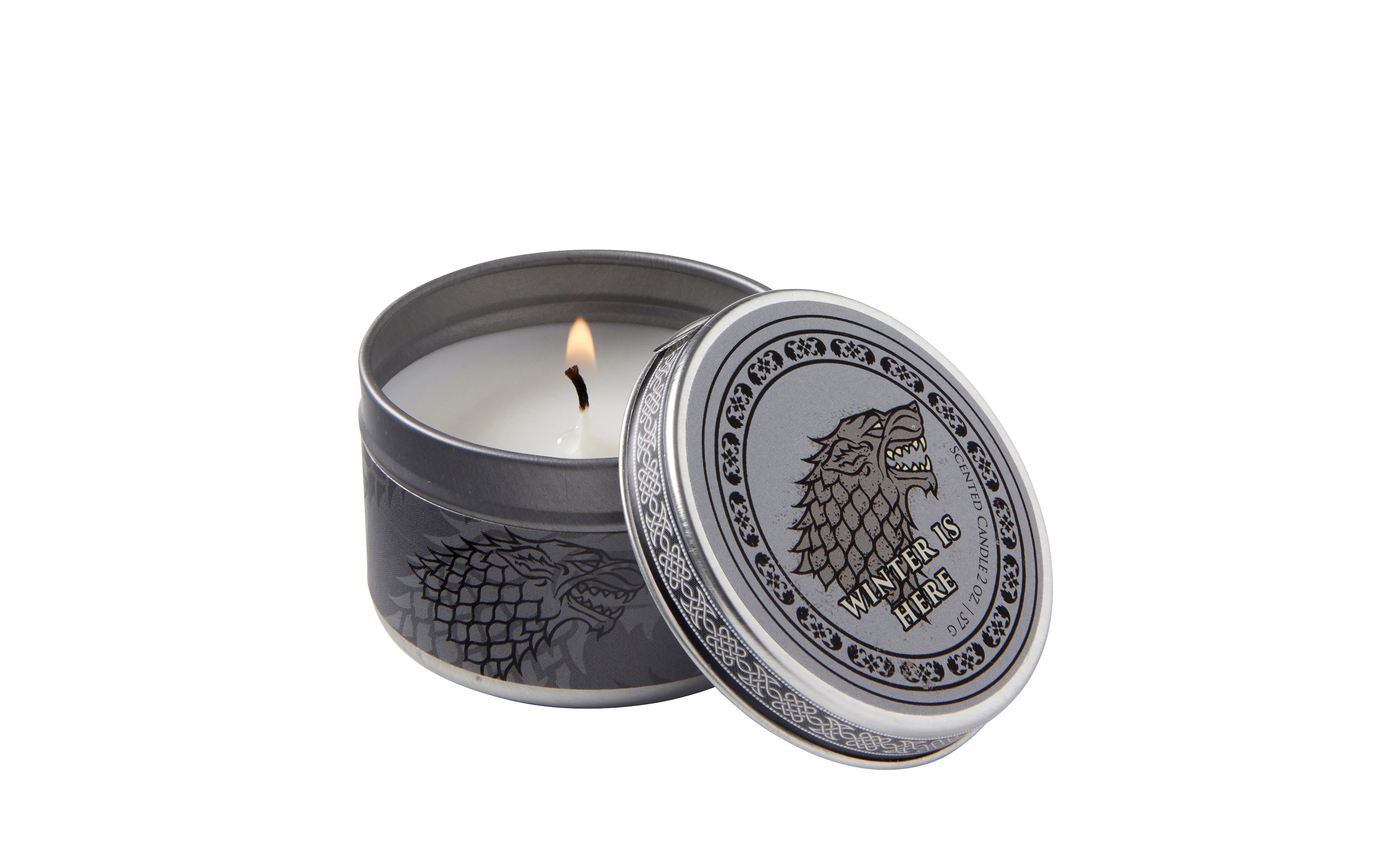 Game of Thrones House Stark scented candle in frosted pine scent, 2 oz. home decor candle with Stark sigil on the frosted glass.