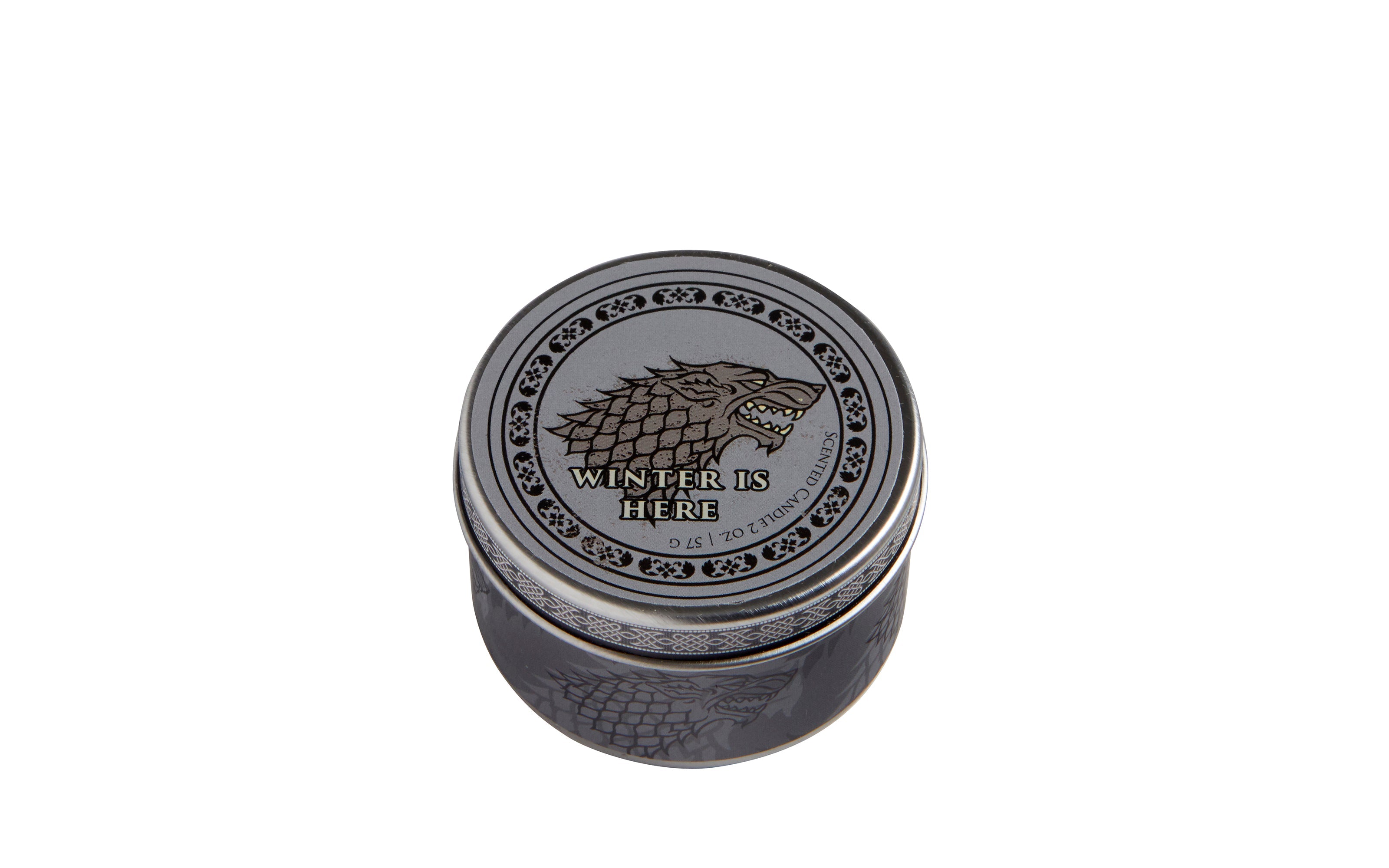Game of Thrones House Stark scented candle in frosted pine scent, 2 oz., with a frosted glass candle holder.