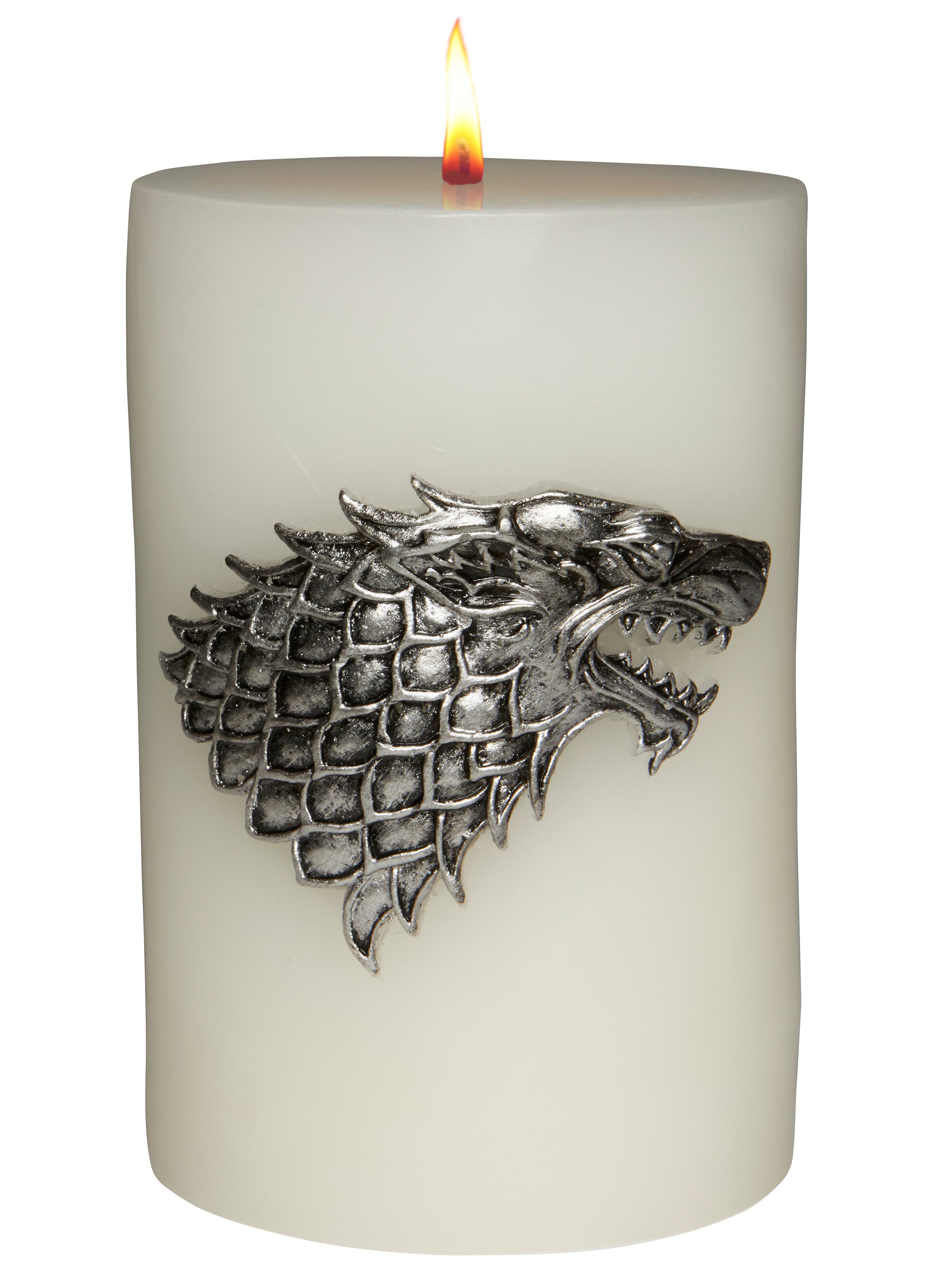 Sculpted House Stark sigil candle from Game of Thrones, featuring the direwolf emblem on a tall, detailed wax candle.