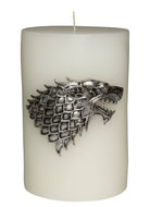 Sculpted House Stark sigil candle from Game of Thrones, featuring the direwolf emblem, crafted for home decor.