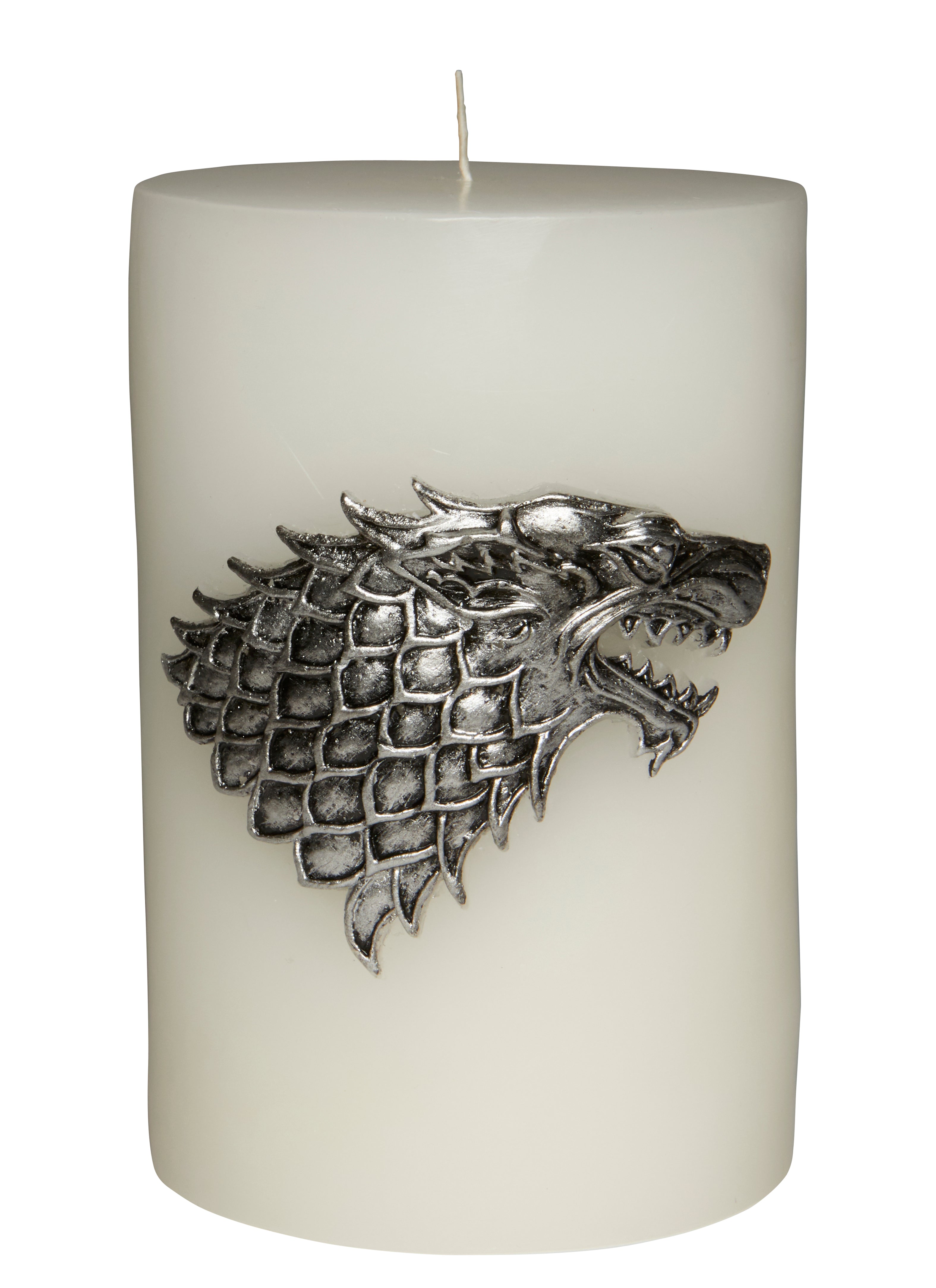 Sculpted House Stark sigil candle from Game of Thrones, featuring the direwolf emblem, crafted for home decor.