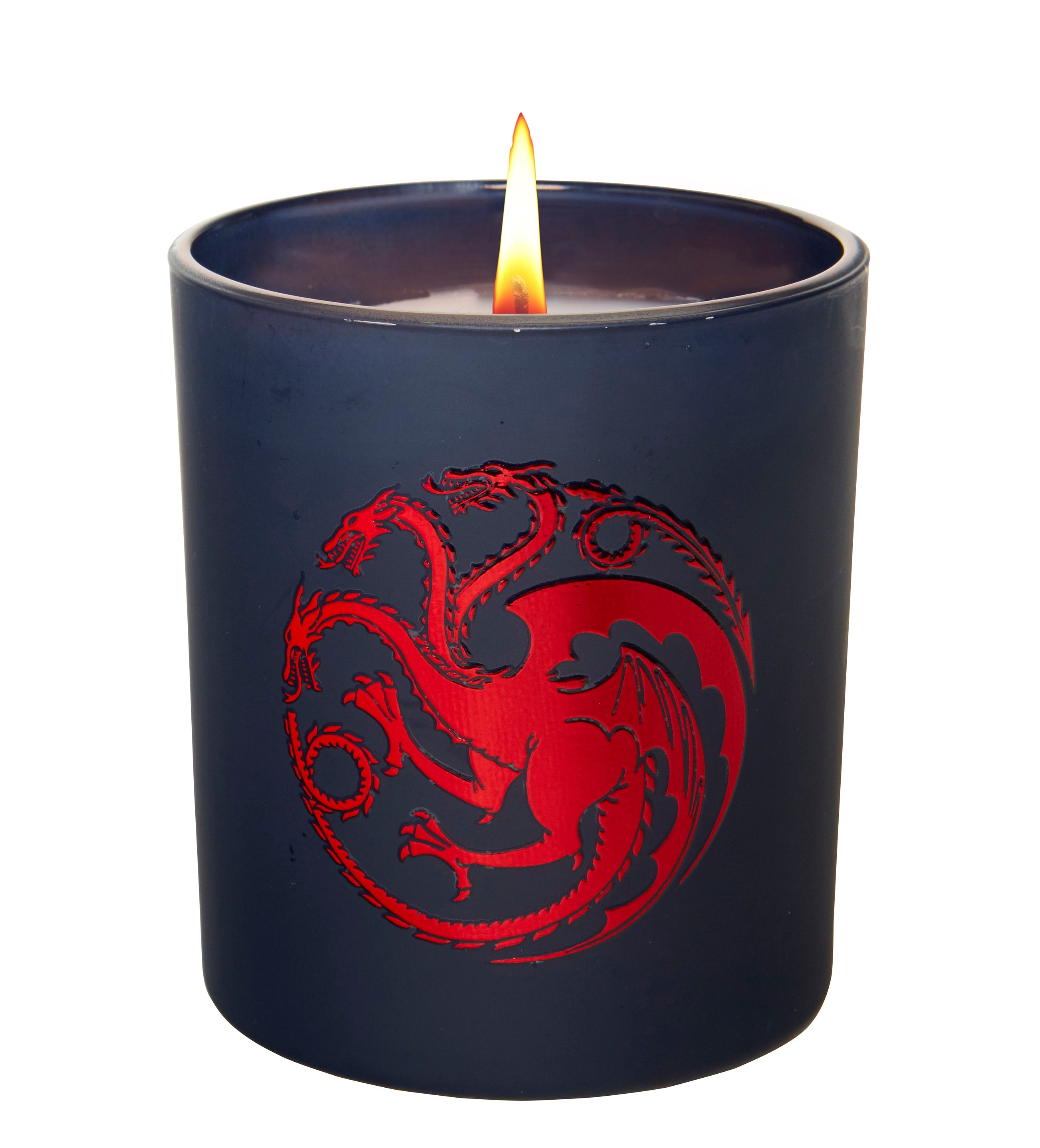Glass candle featuring House Targaryen emblem from Game of Thrones, designed by Insight Editions for home decor.