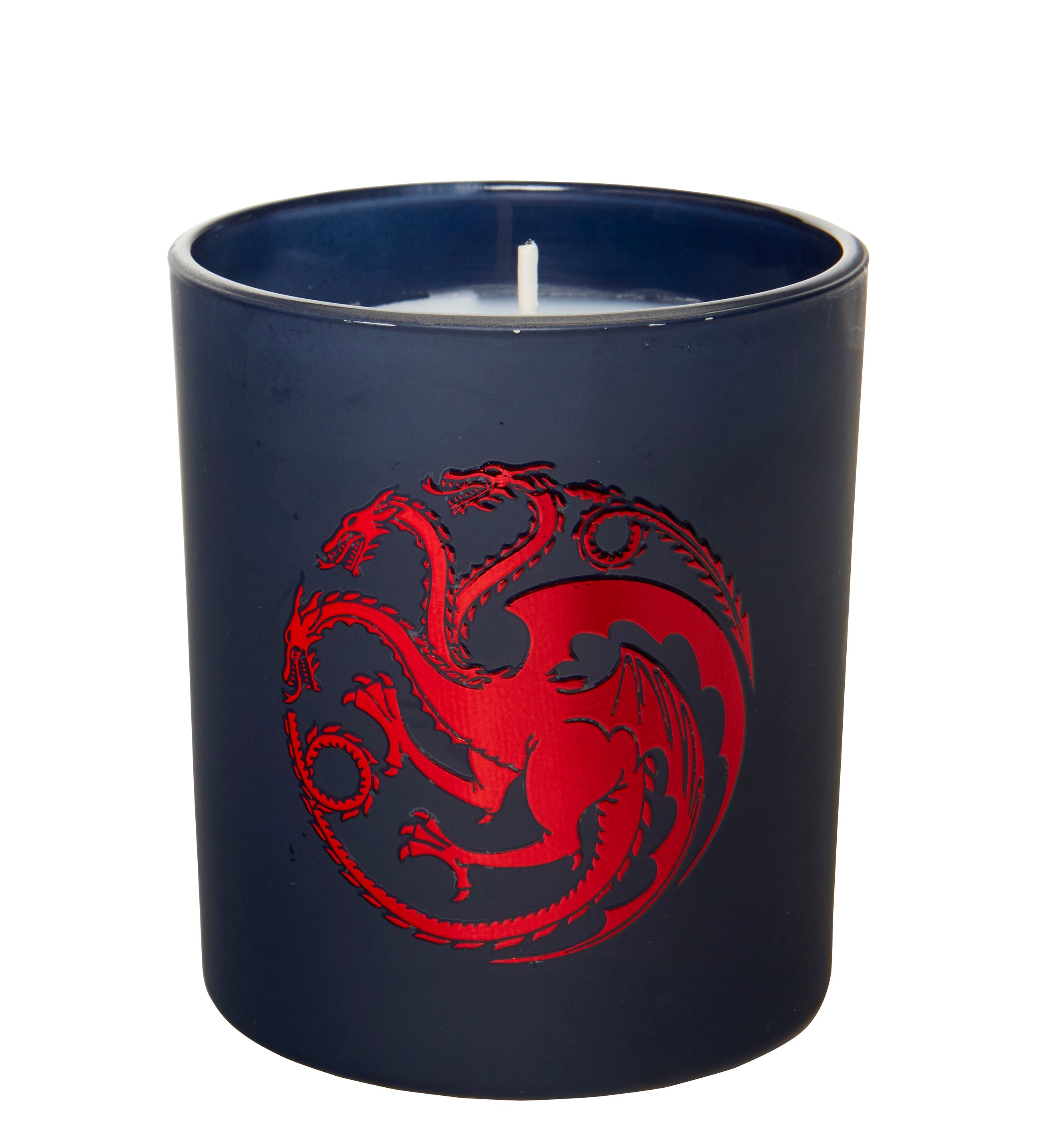 Targaryen house glass candle from Game of Thrones, featuring a detailed dragon design, in a clear glass holder.