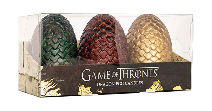 Set of three Game of Thrones sculpted dragon egg candles, detailed home decor featuring fantasy dragon egg designs.